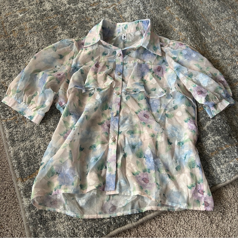 Light Blue Blouse with Peter Pan Collar and Relaxed Tie Front